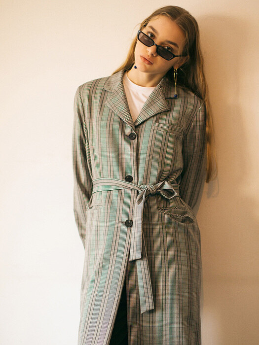 Checked Tailored Coat - Grey