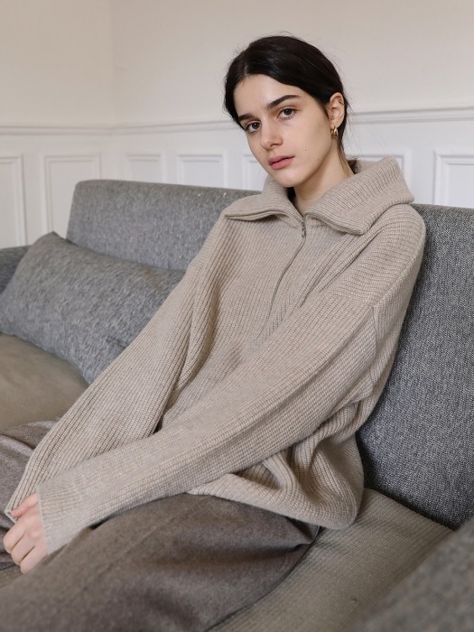 Half-Zip Wool Sweater in Beige