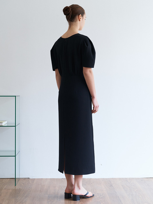 shirring  long dress-black