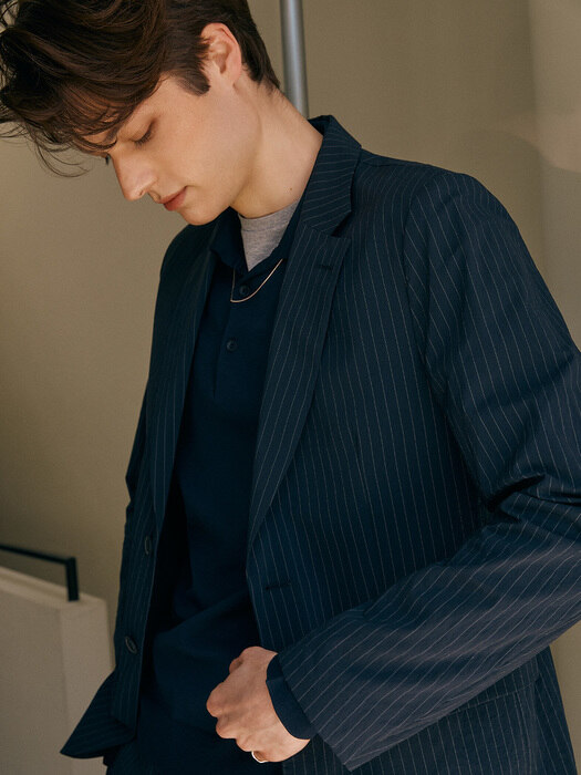 Slim-fit Seersucker Jacket + Relax banding Trousers SET_NAVY PIN-STRIPE