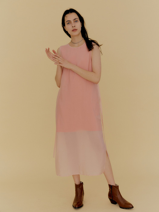 2-Way Double Layer Two Tone Dress / Peach Pink