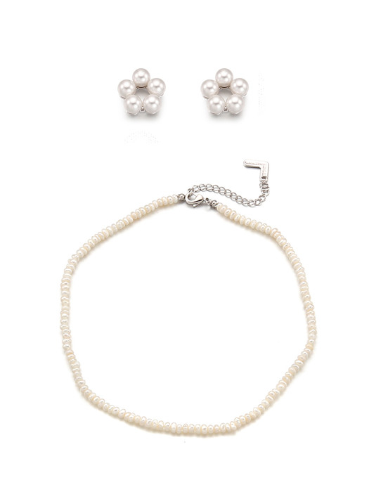 [SET]Petit Flower Earring +Margaret Pearl Layered Necklace