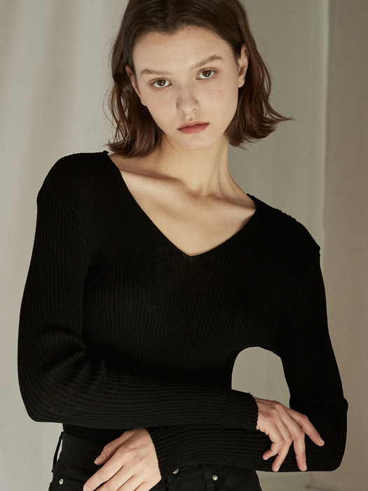OU571 linen V neck knit (black)