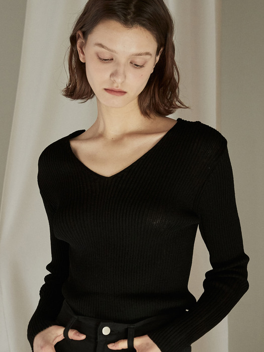 OU571 linen V neck knit (black)