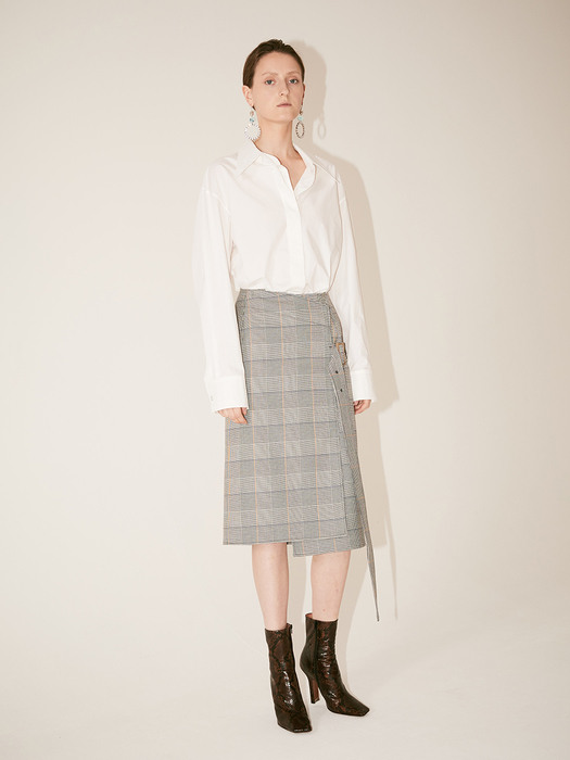 [Fabric From PORTUGAL] DAU Check Pattern Wrap Belted Skirt_Check