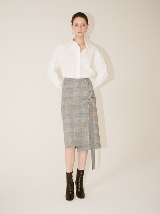 [Fabric From PORTUGAL] DAU Check Pattern Wrap Belted Skirt_Check