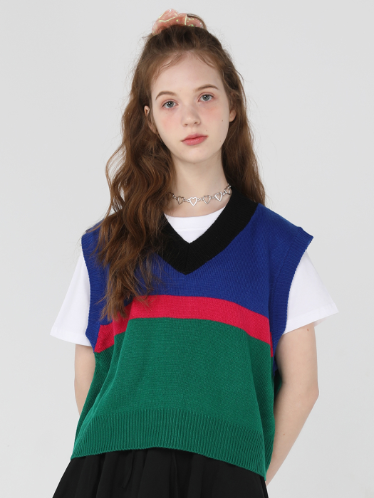 Striped crop knit vest [Blue]