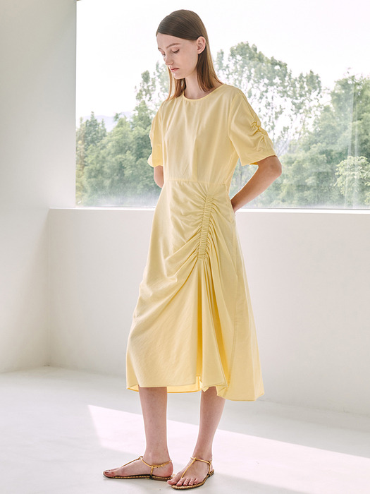 Shirring Midi Dress - Lemon Yellow