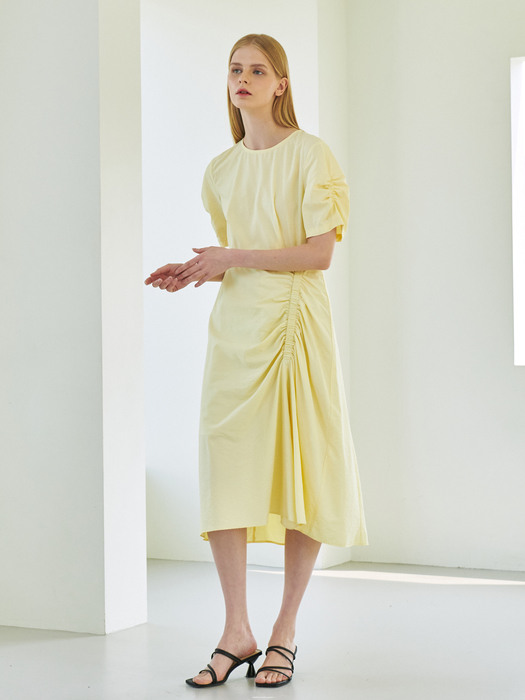 Shirring Midi Dress - Lemon Yellow