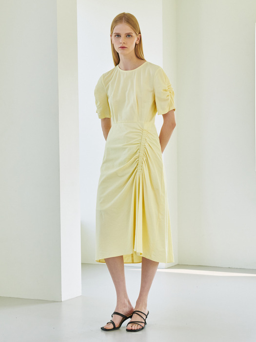 Shirring Midi Dress - Lemon Yellow