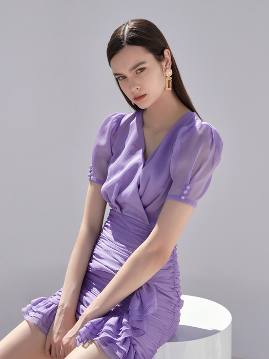 VASILEVA / See-through Shirring Chiffon Drape Mini Dress(purple)