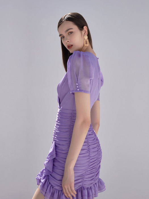 VASILEVA / See-through Shirring Chiffon Drape Mini Dress(purple)
