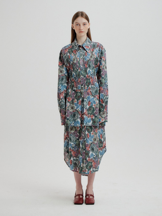 TALE Floral-Print Pintuck Layered Shirt Dress - Green/Blue/ Purple Multi