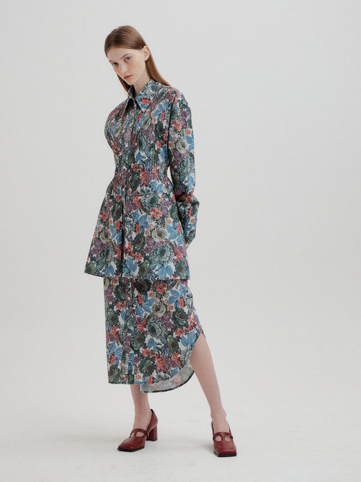 TALE Floral-Print Pintuck Layered Shirt Dress - Green/Blue/ Purple Multi