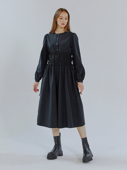 Waist Pleats String Dress, Black