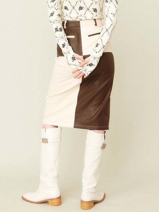Chess Coated Skirt Ivory Brown
