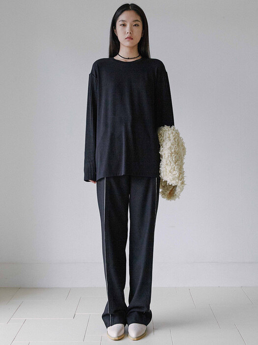 FLUFF RIB LAYERED LONG TEE BLACK