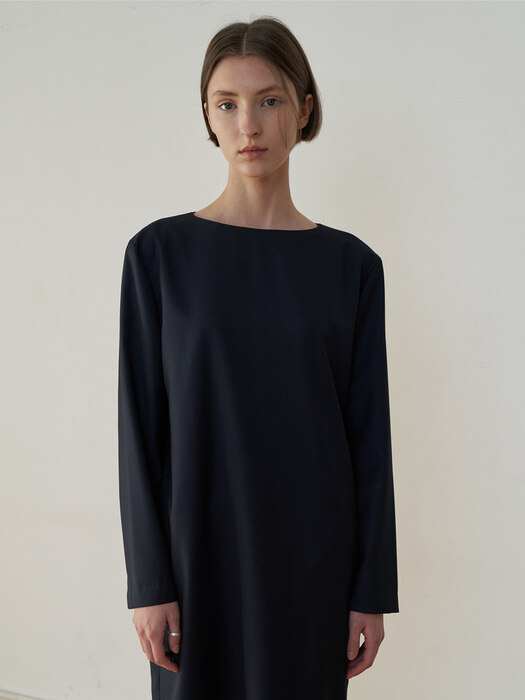 Graceful Wool Boat Neck Dress - Dark Navy