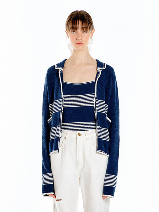 UZETTA Stripe Knit Cardigan - Navy/Ivory