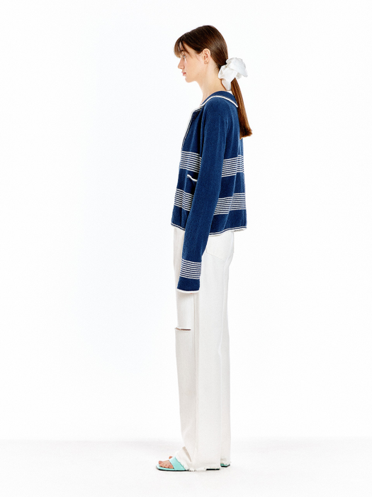 UZETTA Stripe Knit Cardigan - Navy/Ivory