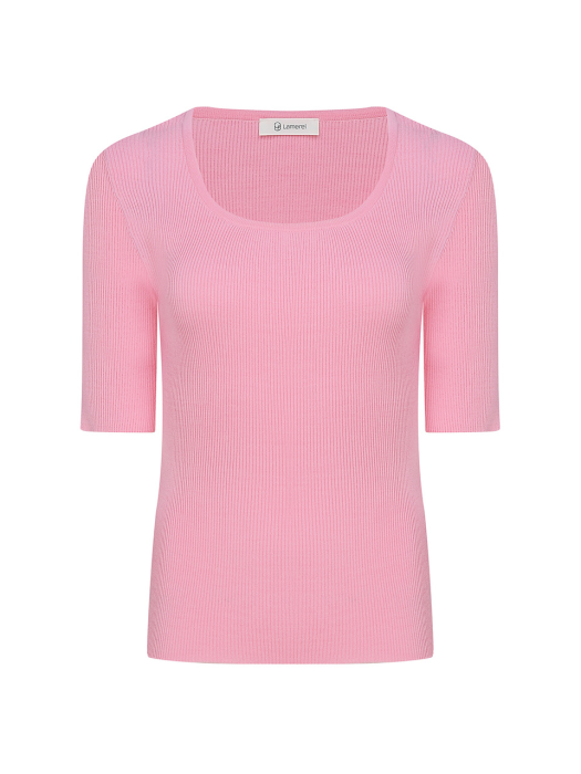 [단독]U Neck Rib Knit Top-Pink