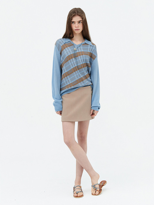 Diagonal stripe collar knit. Sky blue