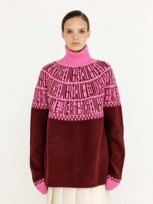 VIBBLE Paneled Lettering Jacquard Pullover - Burgundy/Pink