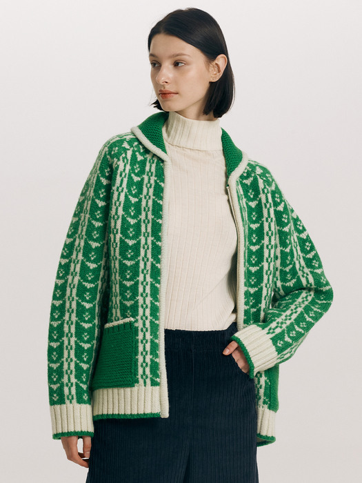 [N]GREENWICH Zip-up wool knit cardigan (Green)