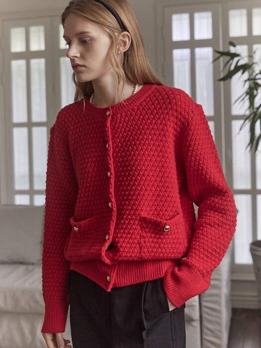 Tweed Goldish Knit Cardigan - Red