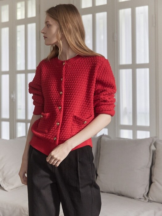 Tweed Goldish Knit Cardigan - Red