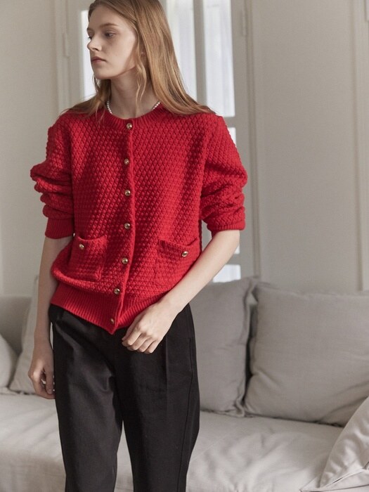 Tweed Goldish Knit Cardigan - Red