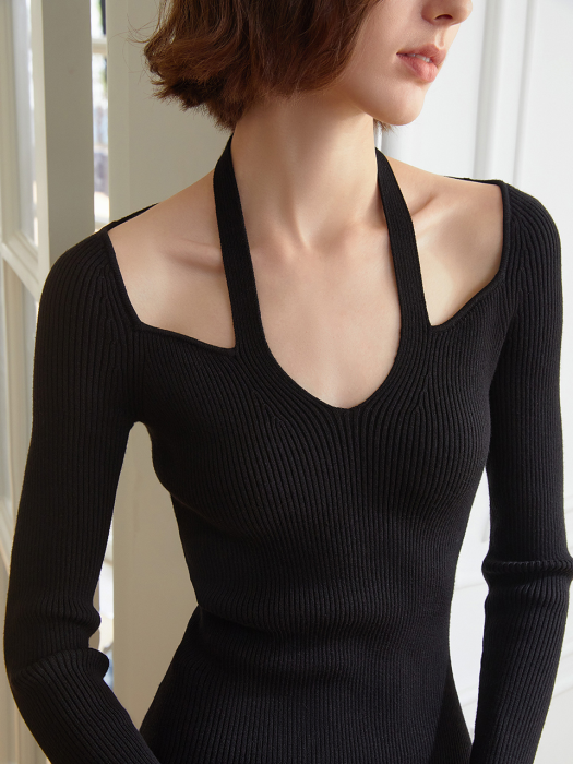 YY_Elegant shoulder cutout knit dress_BLACK