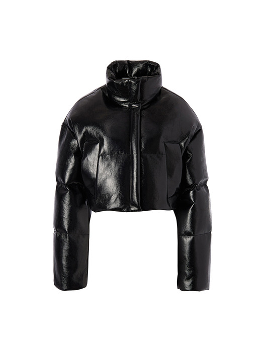 GLOSSED FAUX LEATHER PADDED JACKET (BLACK)