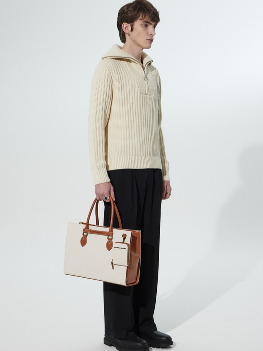 NO.46 TWO-TONE CANVAS BRIDGE TOTE M _ BROWN IVORY