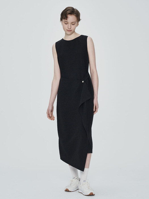 linen-blend wrap dress_black