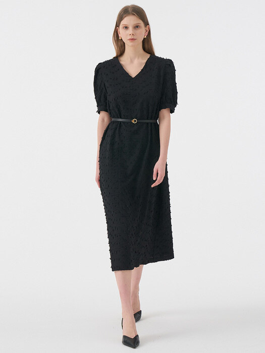 LUCIA Vneck Puff Half Sleeve Belted Dress_Black