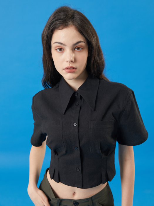 WOMEN 린넨 크롭 슬림 반팔 셔츠 [블랙] 여름셔츠 ver.