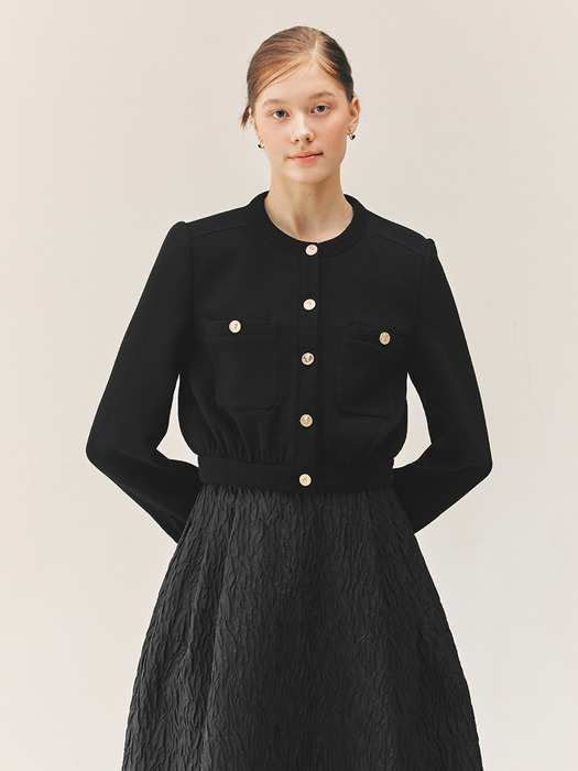 [SET]MATILDA Wool crepe bomber jacket + DIVYA Semi A-line wool crepe mini skirt (Black)