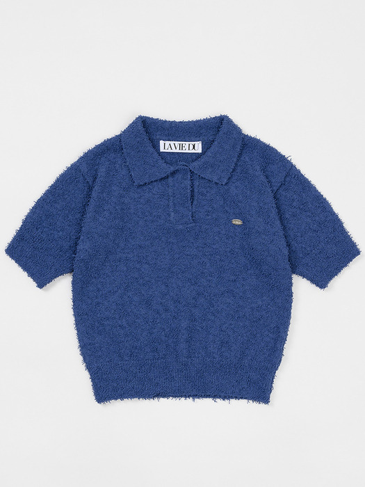 Boucle polo open collar knit (Blue)