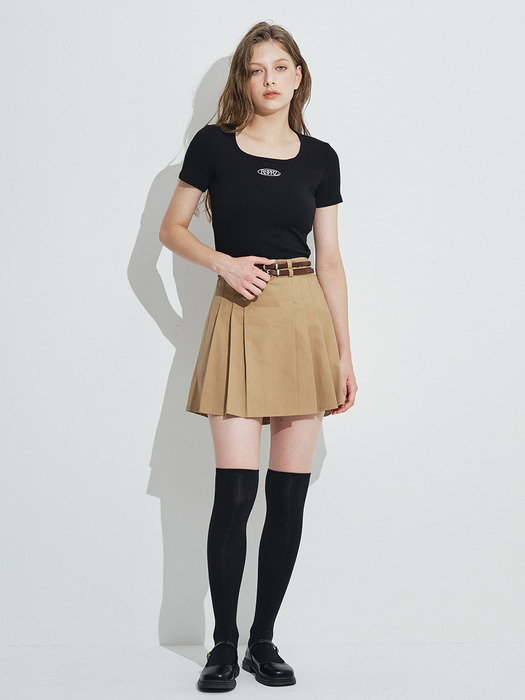 Belt Set Pleats Mini Skirt [Beige]