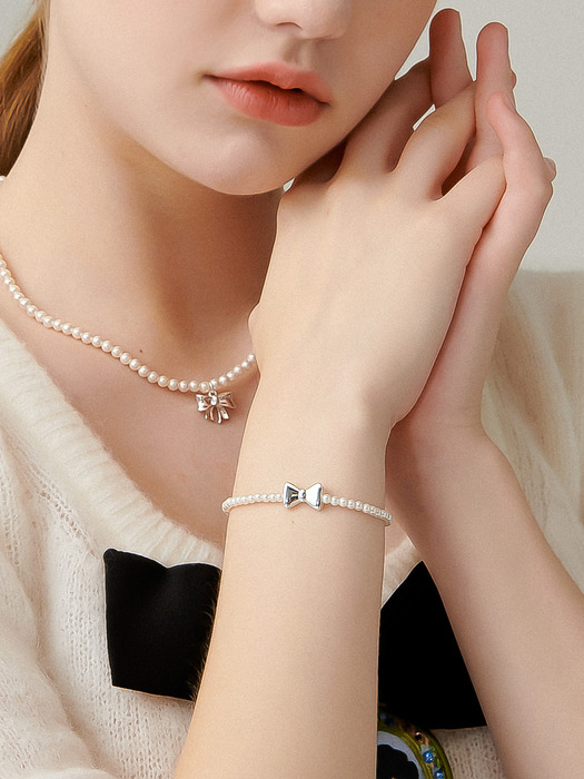 Petite Ribbon Pearl Silver Bracelet Ib304 [Silver]
