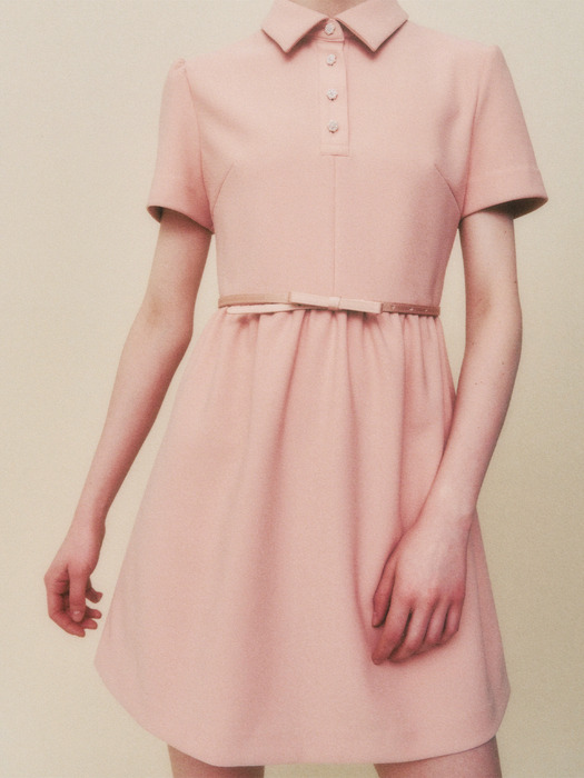 쥬얼리 버튼 리본 벨트 카라 드레스 핑크