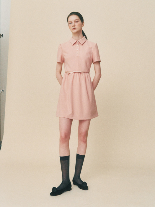 쥬얼리 버튼 리본 벨트 카라 드레스 핑크