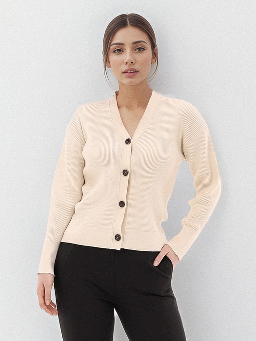 Cotton V-neck Ribbed Cardigan _2 Color