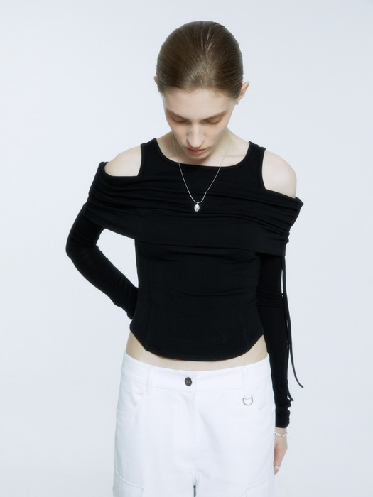 GALLIENI Draped Double-Layered Off-Shoulder Top_Black
