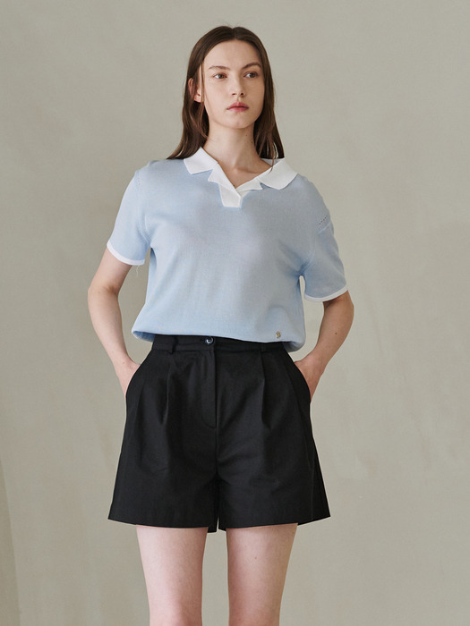 Color Combi Collar Knit - Sky Blue