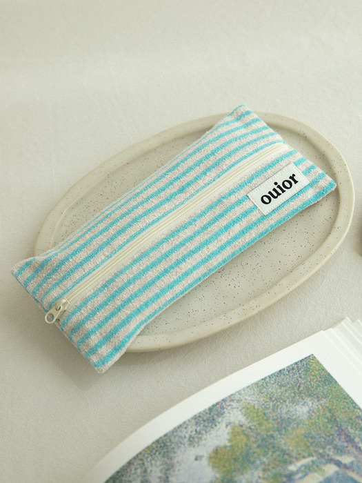 ouior flat pencil case_terry stripe blue (middle zipper)