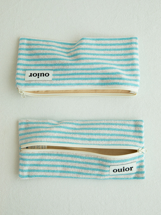 ouior flat pencil case_terry stripe blue (middle zipper)