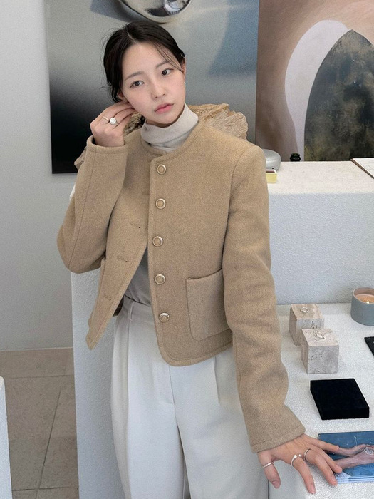 Signature collarless wool jacket_Beige