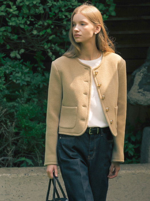 Signature collarless wool jacket_Beige